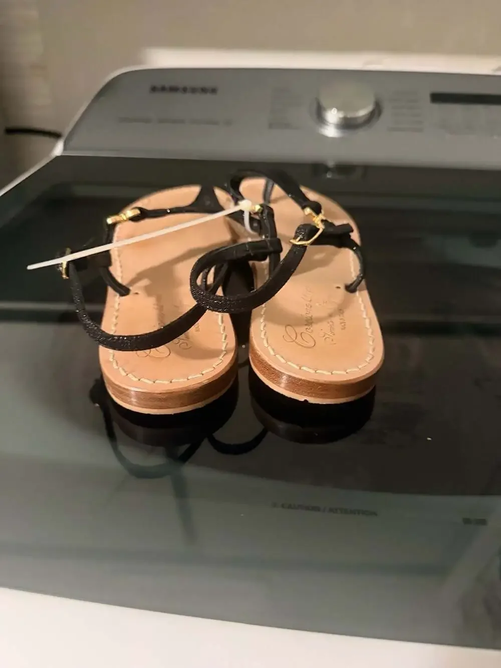 Corcione dal 1925 Triangolo Caprese Black Glitter Leather Flat Sandals